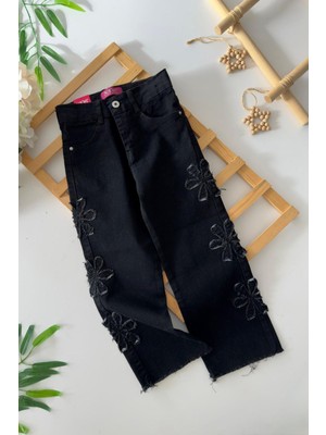 Miniğimin Cicileri Kenarı Papatya Şerit Detaylı Kız Çocuk Yumuşak kot pantolon - Siyah