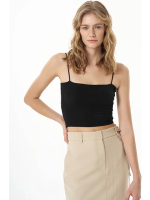 Quzu Modal Askılı Crop Basic Siyah Kadın Kolsuz T-Shirt ATL00159