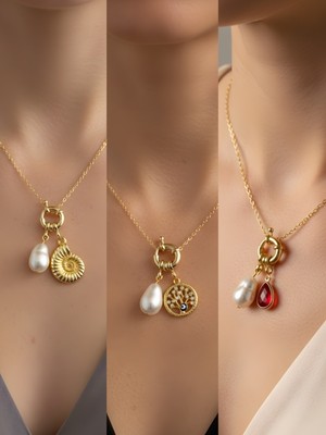 NKT Collection Kırmızı Damla Hayat Ağacı Deniz Kabuğu Incili Kolye