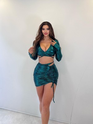 Pink Life Yeşil Parlak Lame Kumaş Etekli Ikili Takım