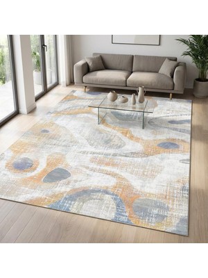 Carpettex Bej Mavi Soyut Dalga Desenli Dijital Baskılı Kaymaz Tabanlı Yıkanabilir Modern Halı