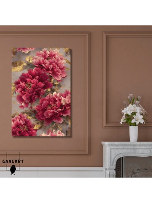 Gaagart Tekli Dikey Kanvas Tablo Koyu Pembe Gold Detaylı Çiçek