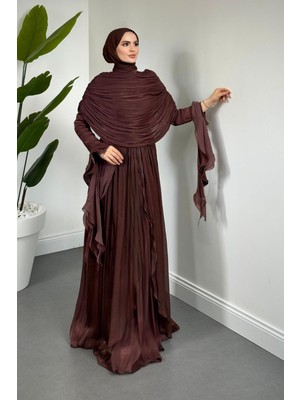 Merven Akyüz Naruna Pelerinli Fırfırlı Abiye Gül Kurusu