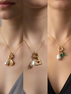 NKT Collection Zümrüt Yeşili Kelebek Midye Kalpli Zarf Incili Kolye