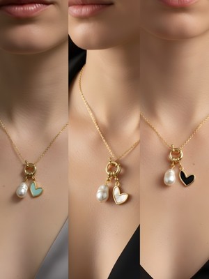 NKT Collection Siyah Kalp Beyaz Kalp Turkuaz Kalp Incili Kolye