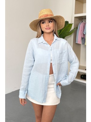 Jee Lee Kadın Uzun Kollu %100 Pamuklu Salaş Gömlek Mavi - 26Y 2012