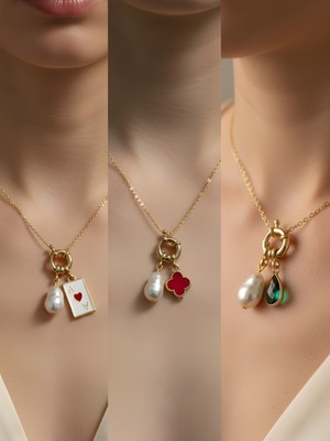 NKT Collection Zümrüt Yeşili Damla Kırmızı Yonca Kupa As Incili Kolye