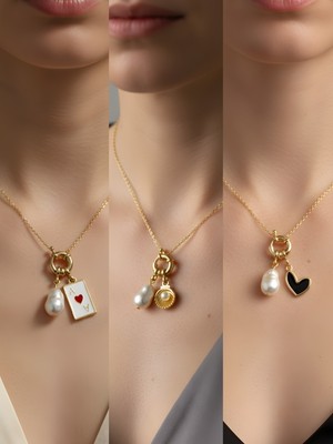 NKT Collection Siyah Kalp Midye Kupa As Incili Kolye