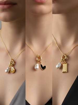 NKT Collection Siyah Kalp Külçe Altın Midye Incili Kolye