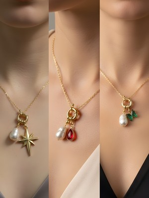NKT Collection Kırmızı Damla Zümrüt Yeşili Kelebek Kutup Yıldızı Incili Kolye