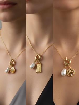 NKT Collection Hayat Ağacı Külçe Altın Midye Incili Kolye