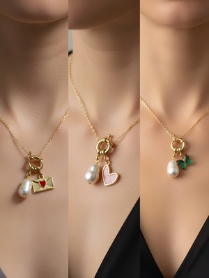 NKT Collection Zümrüt Yeşili Kelebek Pembe Kalp Ay Güneş Incili Kolye