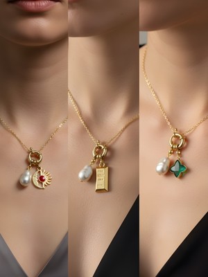 NKT Collection Zümrüt Yeşili Yıldız Külçe Altın Ay Güneş Incili Kolye