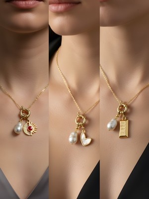 NKT Collection Beyaz Kalp Külçe Altın Ay Güneş Incili Kolye