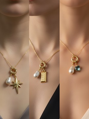 NKT Collection Turkuaz Kalp Külçe Altın Kutup Yıldızı Incili Kolye