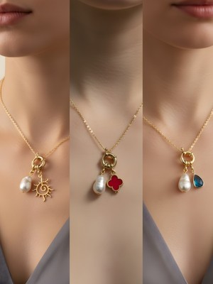 NKT Collection Turkuaz Damla Güneş Kırmızı Yonca Incili Kolye