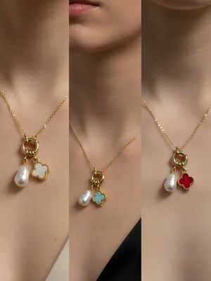 NKT Collection Kırmızı Yonca Pembe Yonca Midye Incili Kolye