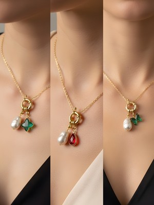 NKT Collection Kırmızı Damla Zümrüt Yeşili Kelebek Zümrüt Yeşili Yıldız Incili Kolye