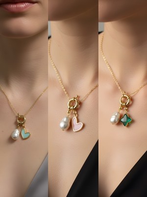 NKT Collection Zümrüt Yeşili Yıldız Pembe Kalp Turkuaz Kalp Incili Kolye