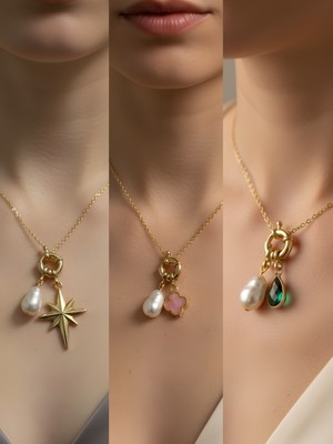 NKT Collection Zümrüt Yeşili Damla Pembe Yonca Kutup Yıldızı Incili Kolye