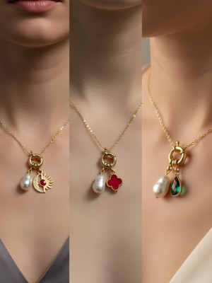 NKT Collection Zümrüt Yeşili Damla Kırmızı Yonca Ay Güneş Incili Kolye