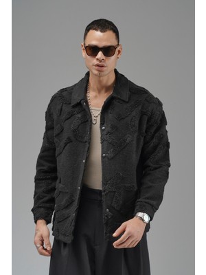 Siyah Kingbrich Yazılı Peluş Gömlek Yaka Mont Erkek Oversize Model L 2024 Sonbahar - Kış