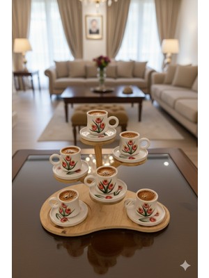 Bilge Seramik43 6'lı Takım Tomurcuk Desenli El Yapımı Kazan Seramik Kahve Fincanı, Kahve Fincanı, Hand Made