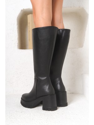 Luqse Kadın Siyah Kahve ve Streç Enpar Kumaş 8 cm Platform Topuklu Çizme