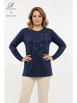 Ravencia Kadın Orta Yaş ve Üzeri Viskon Yapraklı Desen Taşlı Yırtmaçlı Işlemeli Likralı Anne Penye Bluz