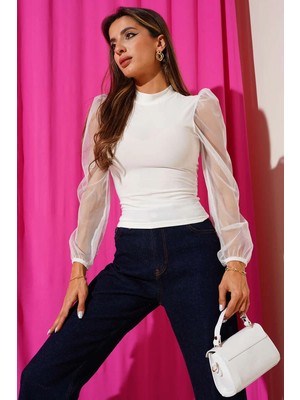 End Black Store Dik Yaka Tül Kollu Bluz Beyaz T3066