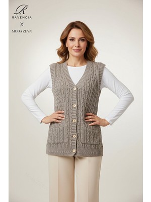 Ravencia Kadın V Yaka Kalın Yün Saç Örgü Triko Düğmeli Cepli Anne Yelek
