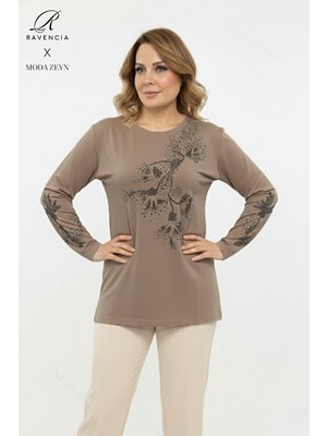 Ravencia Kadın Orta Yaş ve Üzeri Viskon Yapraklı Desen Taşlı Yırtmaçlı Işlemeli Likralı Anne Penye Bluz