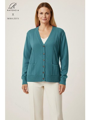 Ravencia Kadın V Yaka Düğmeli Triko Anne Hırka