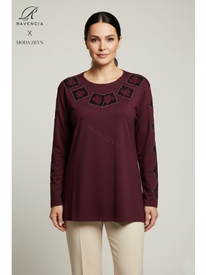 Ravencia Kadın Orta Yaş ve Üzeri Viskon Kare Taşlı Yırtmaçlı Işlemeli Likralı Anne Penye Bluz