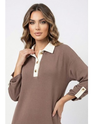 Abay Butik Kadın Spor Polo Yaka Modal Kumaş Yırtmaç Detay Rahat Kalıp Gold Düğmeli Uzun Elbise