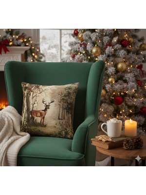 Believe Belıeve Deer Tartan Jakarlı Dokuma Goblen Dekoratif Kırlent Kılıfı 45*45