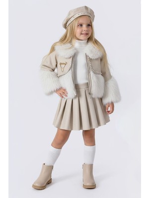 Miniğimin Cicileri Incili Kürk Ceketli Pileli Etek ve Şapkalı Kız Çocuk 4 Lü Takım - Krem