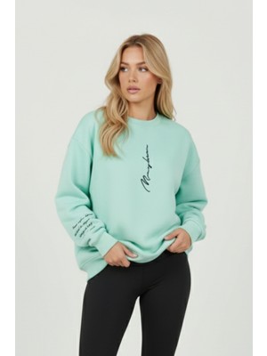 Uncia Outdoors Never Baskılı Su Yeşili Bisiklet Yaka Sweatshirt Cepsiz Oversize Tasarım
