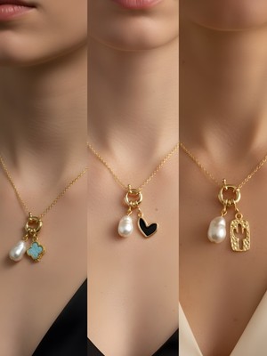 NKT Collection Siyah Kalp Kaktüs Turkuaz Yonca Incili Kolye