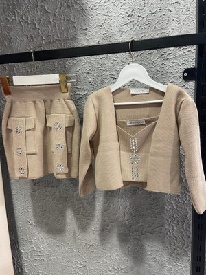 Kız Çocuk Askılı Bluz Hırka ve Elmas Taş Işlemeli Triko Etek Takım