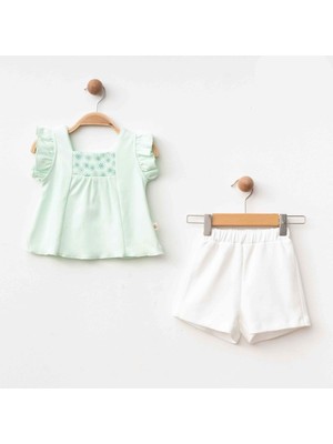 Aspo Baby Kids Fırfırlı Bluz Şort Takım Mint Yeşili %100 Organik Pamuk