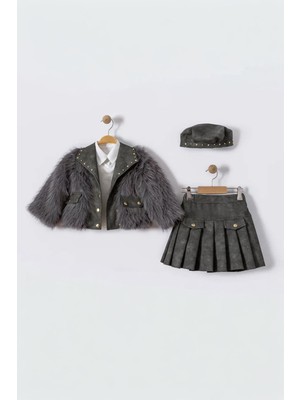 Miniğimin Cicileri Kürk Detaylı Ceketli Pileli Etek ve Şapkalı Kız Çocuk Takım - Gri