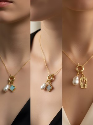 NKT Collection Kaktüs Siyah Yonca Pembe Yonca Incili Kolye