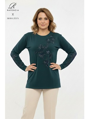 Ravencia Kadın Orta Yaş ve Üzeri Viskon Yapraklı Desen Taşlı Yırtmaçlı Işlemeli Likralı Anne Penye Bluz