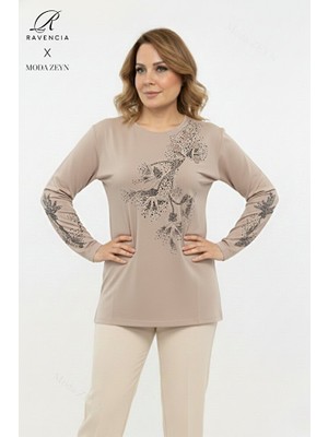 Ravencia Kadın Orta Yaş ve Üzeri Viskon Yapraklı Desen Taşlı Yırtmaçlı Işlemeli Likralı Anne Penye Bluz