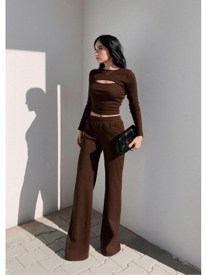 StockMount Karverengi Pencere Detay Bluz ve Bol Paça Yırtmaçlı Pantolonlu Ikili Takım
