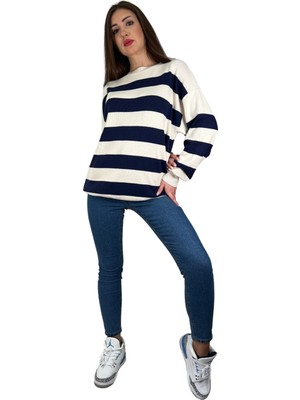 Sinhan Kadın Yuvarlak Yaka Çizgili Triko Tunik Kazak - Lacivert