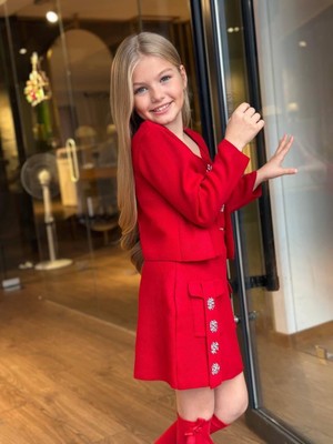 Kız Çocuk Askılı Bluz Hırka ve Elmas Taş Işlemeli Triko Etek Takım