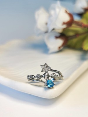 Halley Concept Mavi Kalp ve Yıldız Detaylı Zirkon Taşlı Gümüş Kaplama Çelik Yüzük