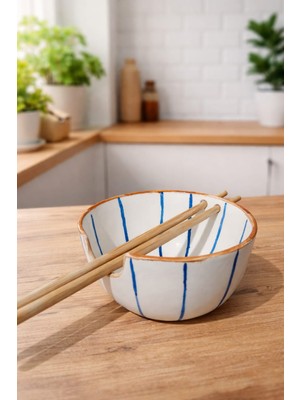 Ceresshop El Yapımı Çizgili Desenli Seramik Noodle Kase